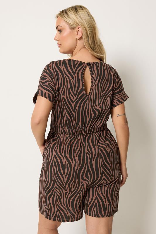 YOURS Curve Chocolate Brown Zebra Print Cotton Playsuit | Yours Clothing 2