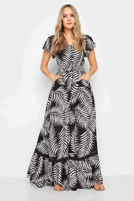 LTS Tall Womens Black & White Tropical Print Front Split Maxi Dress | Long Tall Sally 1