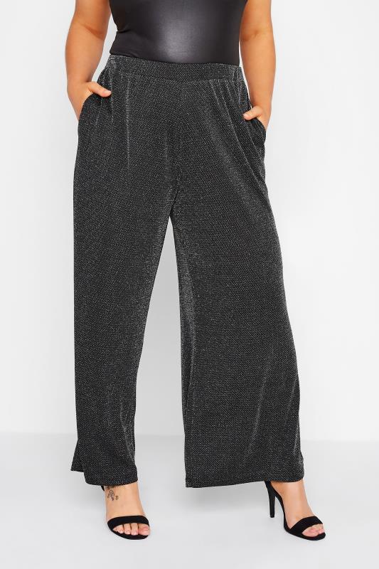 Plus Size  YOURS Curve Black Glitter Stretch Wide Leg Trousers