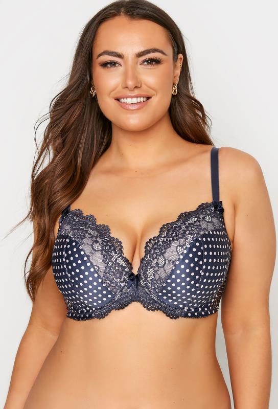 Plus Size  Navy Blue Polka Dot Lace Trim Plunge Bra - Available In Sizes 38DD - 48G
