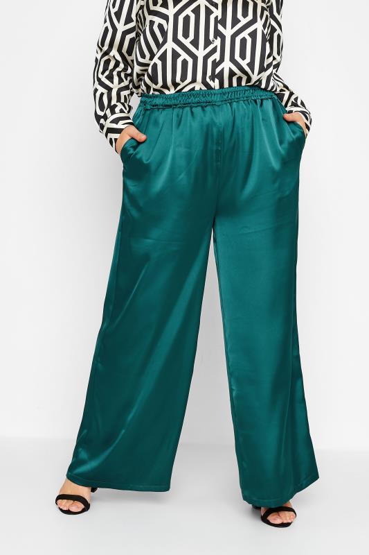Plus Size Green Satin Wide Leg Trousers | Yours Clothing 1