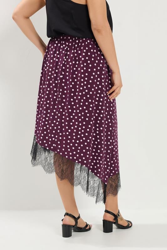 YOURS Plus Size Purple Polka Dot Lace Asymmetric Hem Skirt | Yours Clothing 2