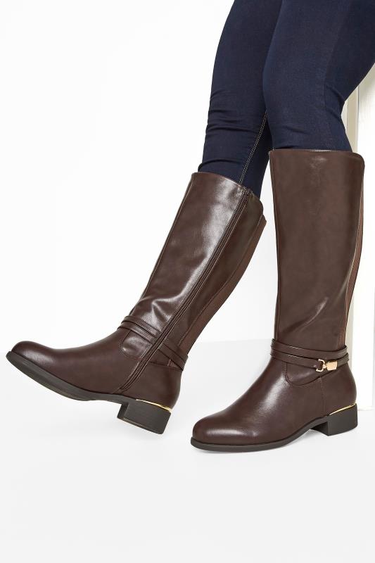 Brown Vegan Faux Leather Wrap Trim Knee High Boots In Extra Wide Fit_M.jpg