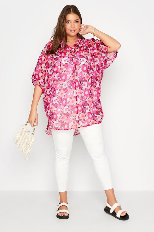 Plus Size Pink Floral Print Batwing Blouse | Yours Clothing  2