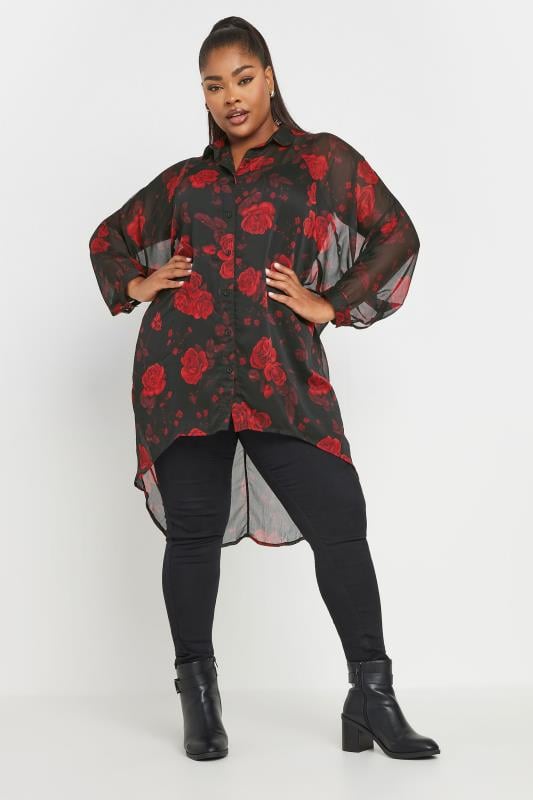 YOURS Plus Size Black Floral Print Dipped Hem Shirt | Yours Clothing 2