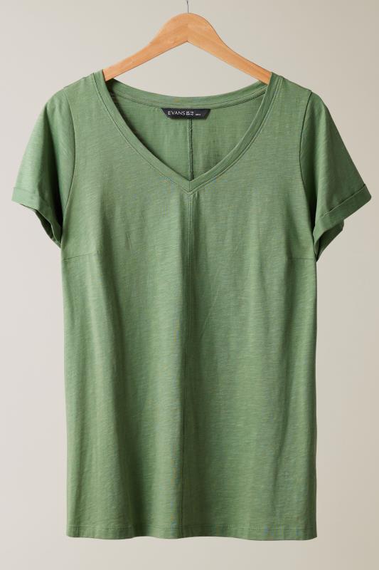 EVANS Plus Size Khaki Green Pure Cotton T-Shirt | Evans 5