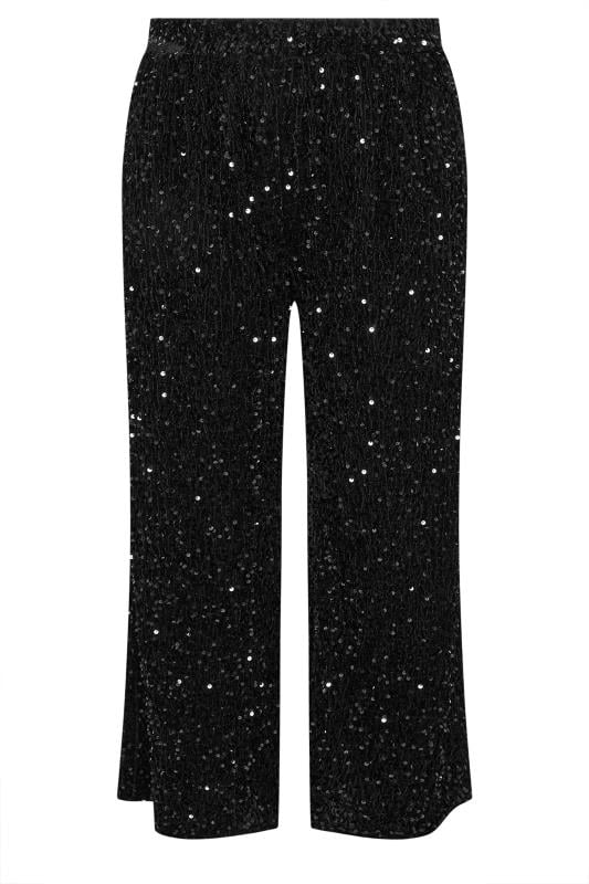 YOURS Plus Size Black Sequin Wide Leg Trousers | Yours Clothing 1