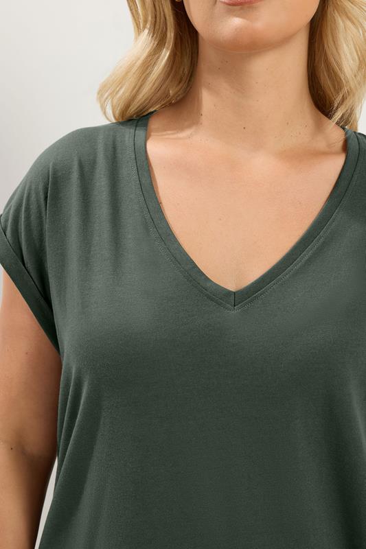 YOURS Plus Size Khaki Green V Neckline T-Shirt | Yours Clothing 4
