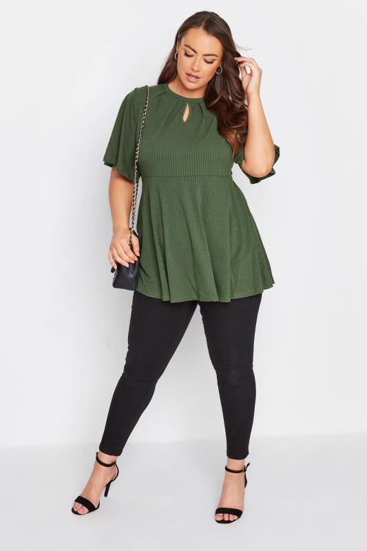 LIMITED COLLECTION Curve Khaki Green Keyhole Ribbed Peplum Top 2