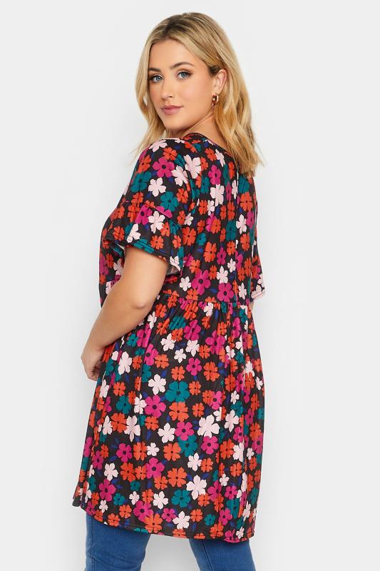 Curve Black & Pink Floral Short Sleeve Tunic Dress | Yours Clothing 3