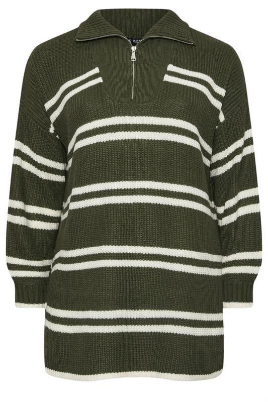 YOURS Plus Size Green Stripe Quarter Zip Knitted Jumper | Yours Clothing 5