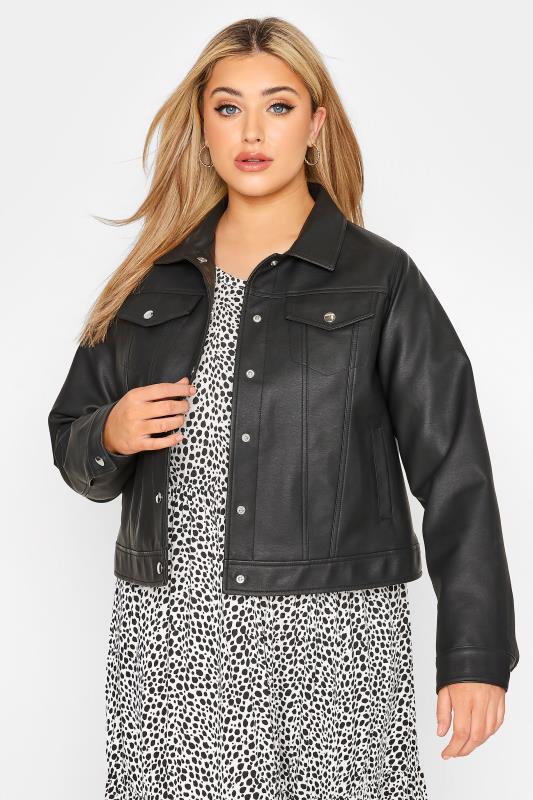 Plus Size  Curve Black Faux Leather Button Through Jacket