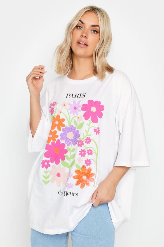  Grande Taille YOURS Curve White Floral Print 'Paris' Slogan Oversized T-Shirt