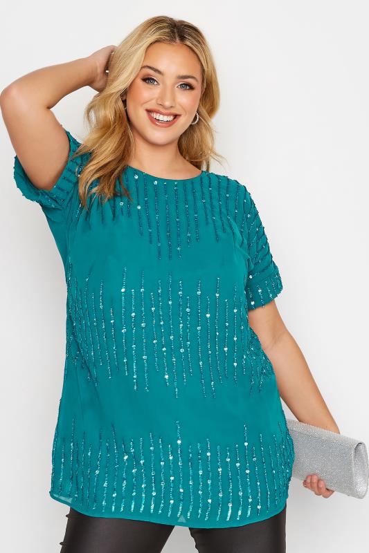 Plus Size LUXE Teal Blue Sequin Hand Embellished Top | Yours Clothing 1