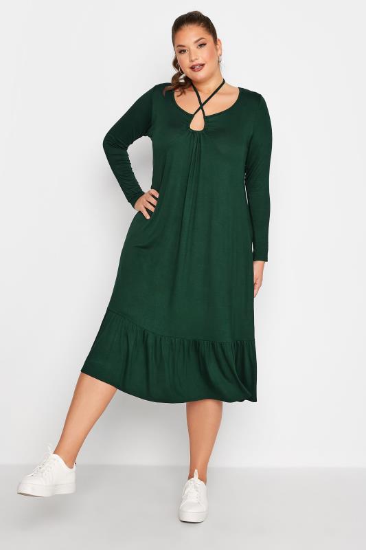 LIMITED COLLECTION Plus Size Forest Green Keyhole Tie Neck Midaxi Dress | Yours Clothing 1