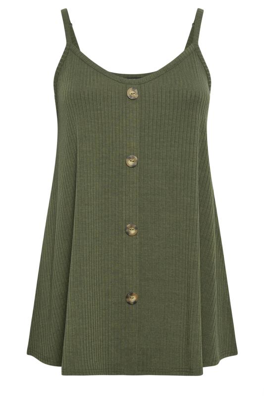 YOURS Plus Size Khaki Green Ribbed Button Front Cami Top | Yours Clothing 5