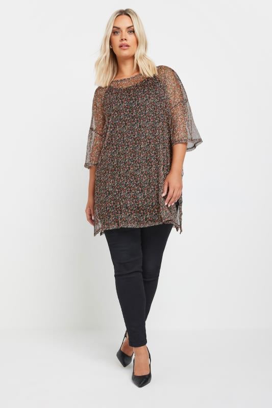 YOURS Plus Size Black Ditsy Floral Print Mesh Top | Yours Clothing 2