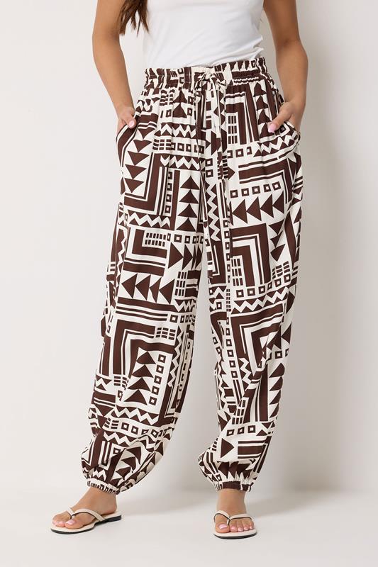 PixieGirl Petite Women's Brown Abstract Harem Trousers | PixieGirl 1