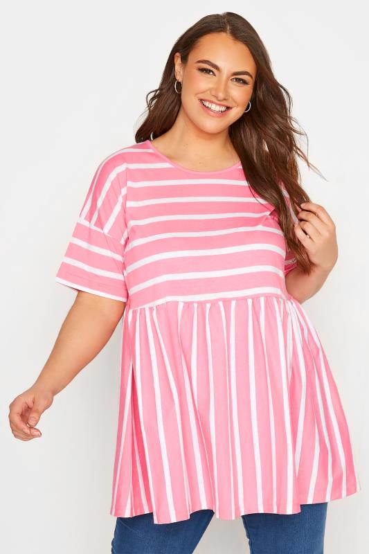 Plus Size Pink Stripe Peplum Drop Shoulder Top | Yours Clothing  1