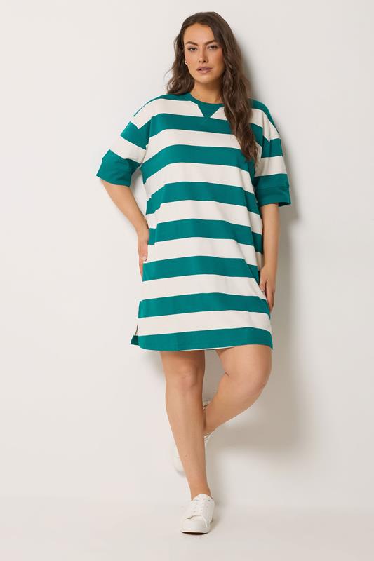YOURS Plus Size Teal Blue & White Stripe T-Shirt Dress | Yours Clothing 1