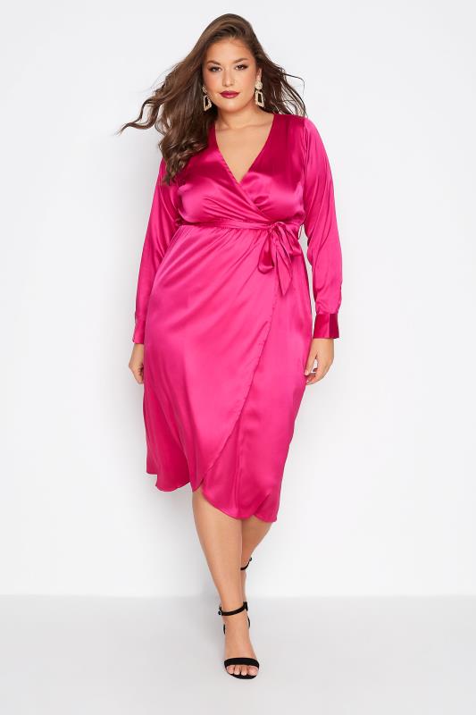 LIMITED COLLECTION Plus Size Pink Satin Wrap Dress | Yours Clothing 2
