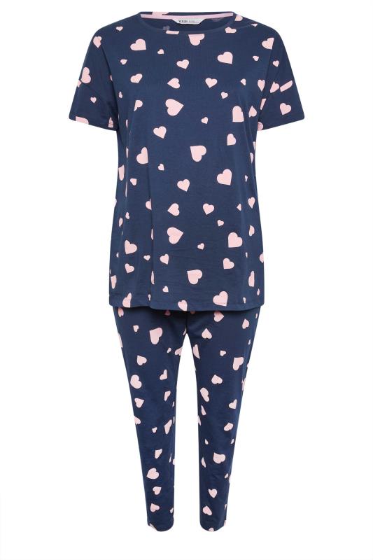 YOURS Plus Size Navy Blue Heart Print Pyjama Set | Yours Clothing 5