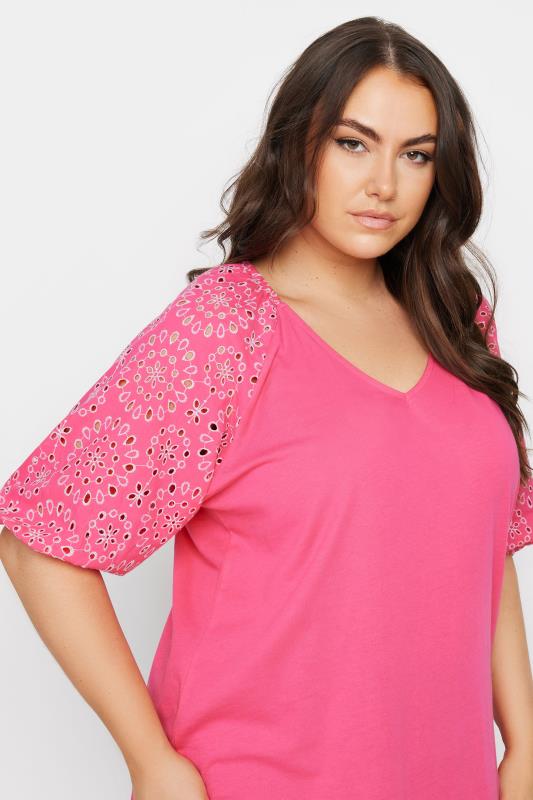 YOURS Plus Size Pink Broderie Anglaise Sleeve T-Shirt | Yours Clothing 4