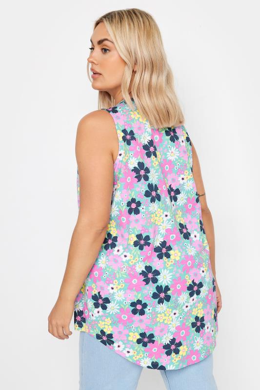 YOURS Plus Size Blue Floral Print Pintuck Henley Vest Top | Yours Clothing 3