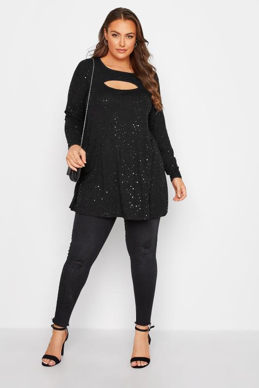Plus Size Black Sequin Cut Out Swing Top | Yours Clothing 2