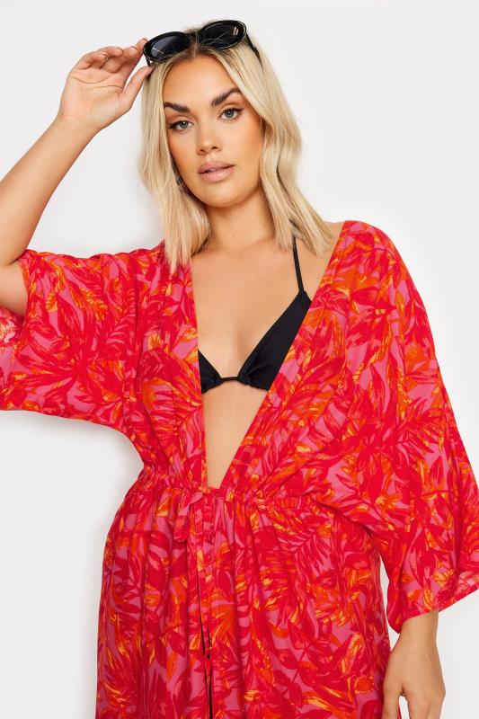 LIMITED COLLECTION Plus Size Pink Leaf Print Midi Kimono | Yours Clothing 4