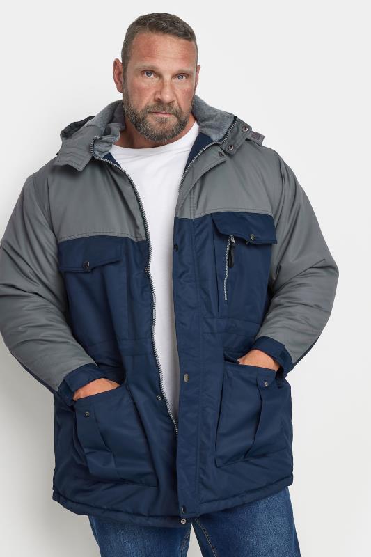 BadRhino Big & Tall Grey & Blue Fleece Lined Hooded Coat | BadRhino 1