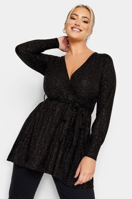YOURS LONDON Plus Size Black Glitter Wrap Top | Yours Clothing 2