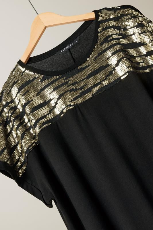 EVANS Plus Size Black & Gold Sequin Embellished T-Shirt | Evans 6