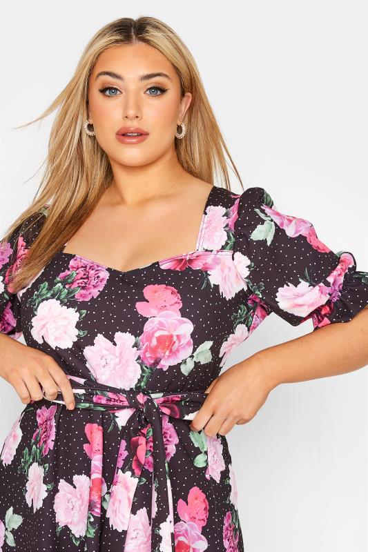 YOURS LONDON Curve Black Floral Puff Sleeve Peplum Top 4