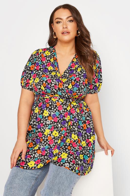 Plus Size Black Floral Puff Sleeve Wrap Top | Yours Clothing  4