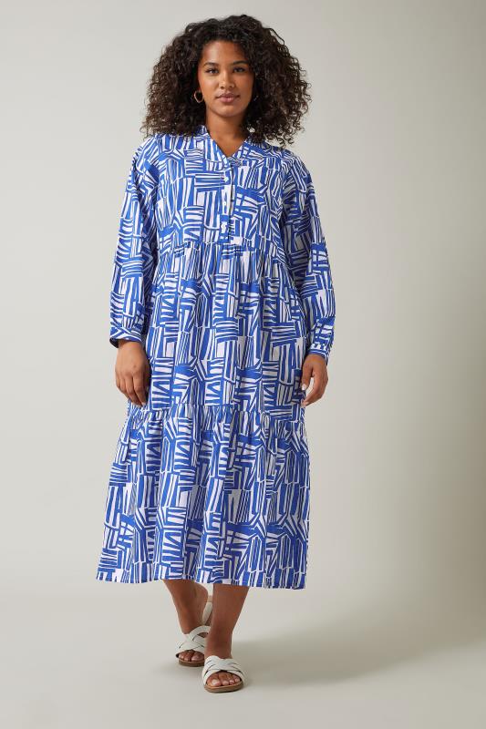 EVANS Plus Size Blue Abstract Print Long Sleeve Shirt Dress | Evans 3