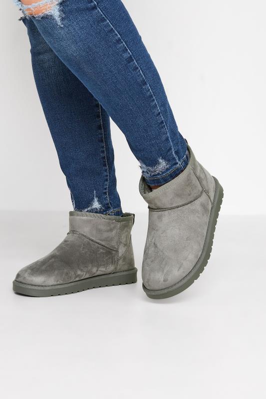 Plus Size  Grey Faux Suede Faux Fur Lined Ankle Boots In Wide E Fit & Extra Wide EEE Fit