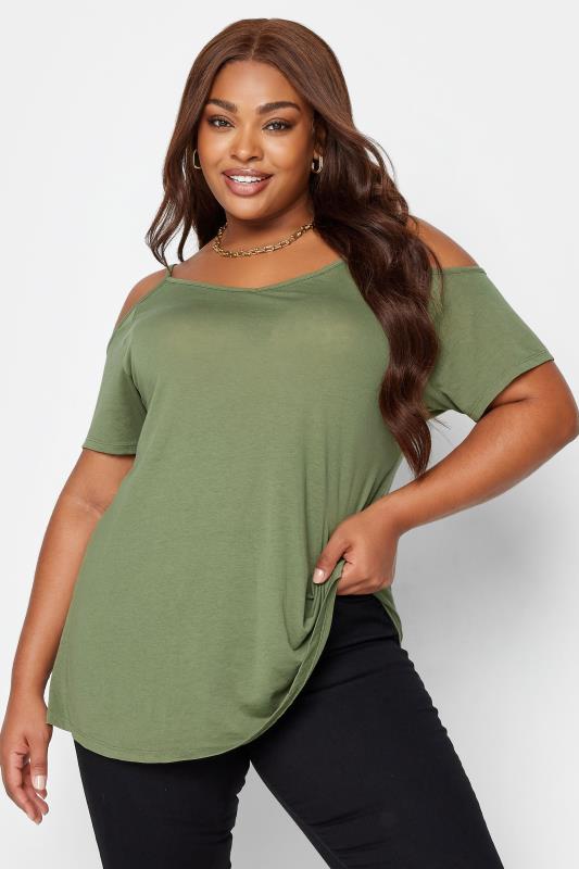 YOURS Curve Plus Size 2 PACK Black & Khaki Green Cold Shoulder T-Shirts | Yours Clothing  2