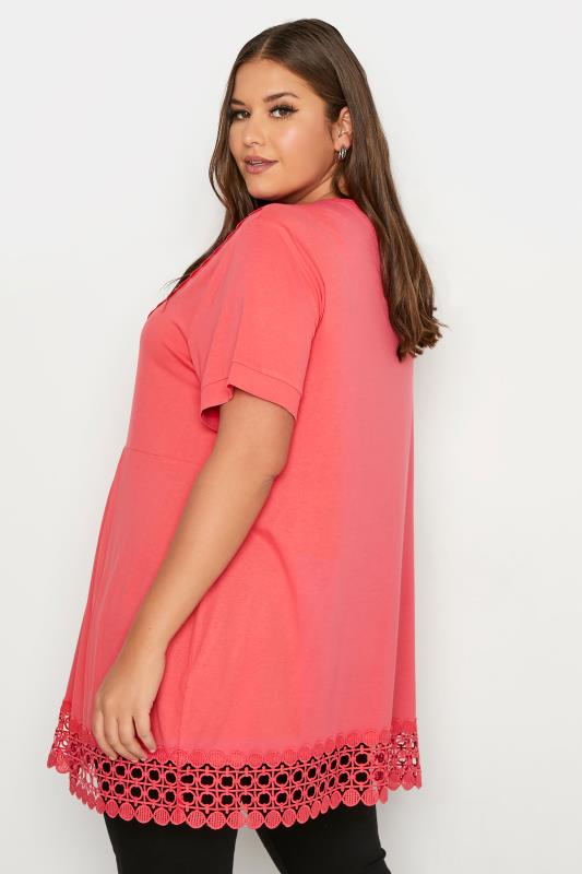 Plus Size Coral Pink Crochet Trim Short Sleeve Tunic Top | Yours Clothing 3