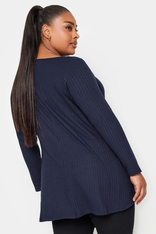 YOURS Plus Size Navy Blue Long Sleeve Ribbed Swing Top | Yours Clothing 3