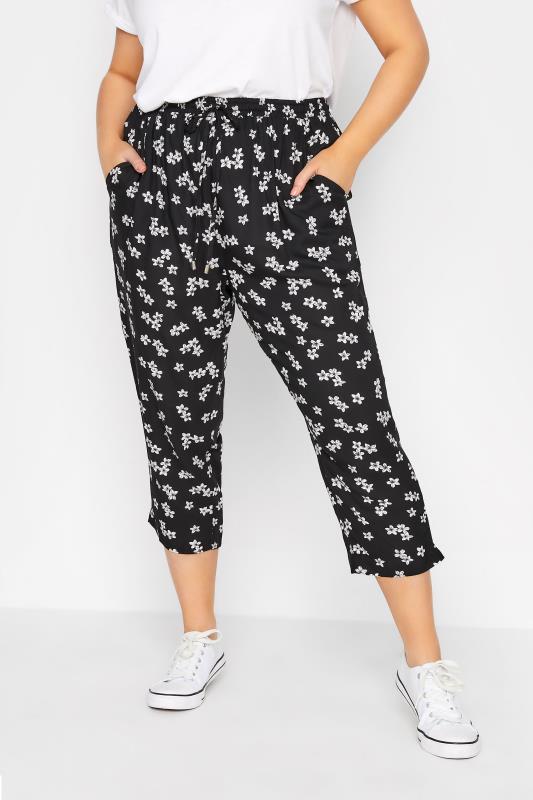 Plus Size Black Floral Print Cropped Joggers | Yours Clothing  1