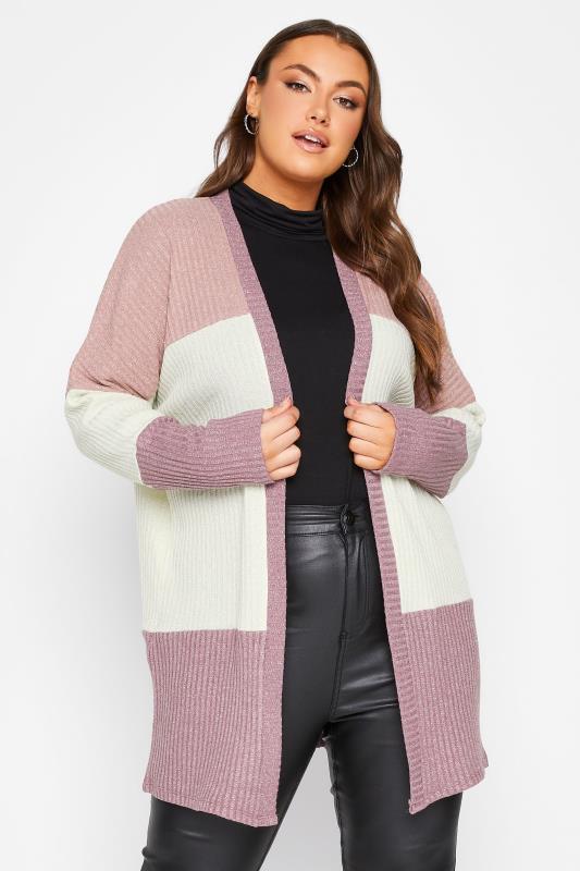 YOURS LUXURY Curve Plus Size Womens Pink & White Colourblock Ribbed Soft Touch Cardigan  2