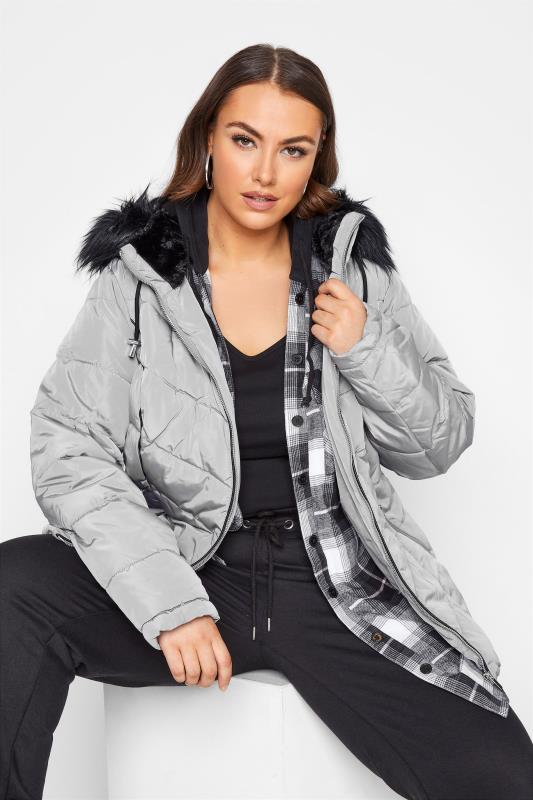 Plus Size Grey PU Faux Fur Trim Panelled Puffer Jacket | Yours Clothing 1