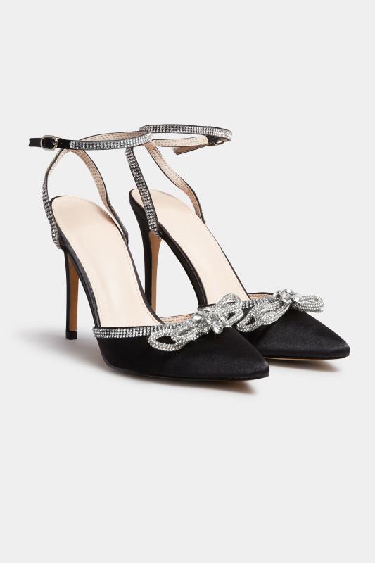 PixieGirl Black Diamante Bow Court Shoes In Standard D Fit | PixieGirl 2