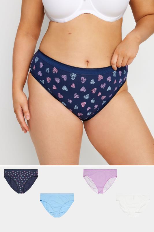 Plus Size  YOURS 5 PACK Curve Navy Blue Heart Print High Leg Knickers