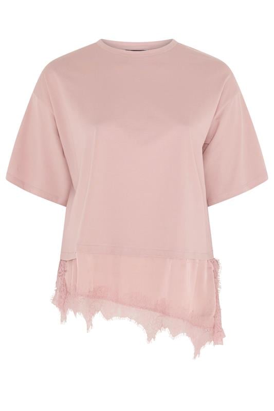YOURS Plus Size Pink Satin Lace Trim T-Shirt | Yours Clothing 5