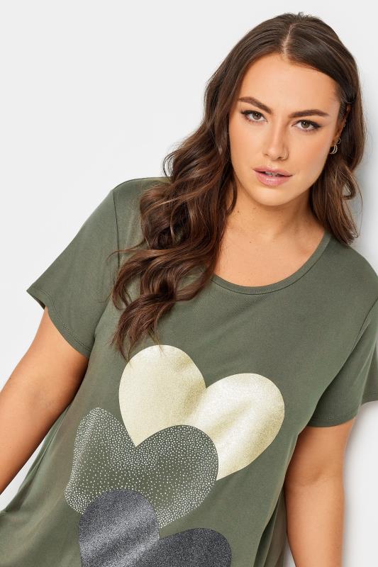 YOURS Plus Size Khaki Green Glitter Heart Print T-Shirt | Yours Clothing  4