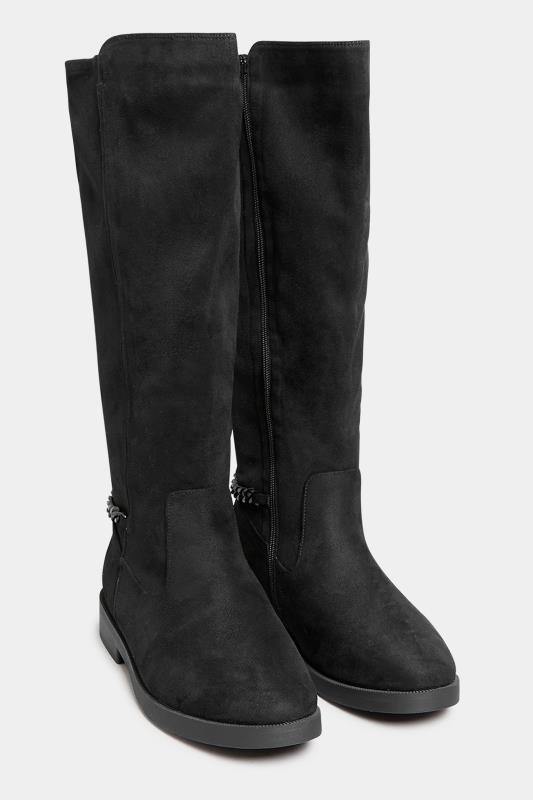 Curve Black Suede Knee High Chain Detail Boots In Wide E Fit & Extra Wide EEE Fit  2