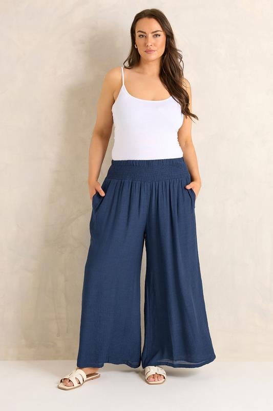 EVANS Plus Size Navy Blue Wide Leg Trouser | Evans 1
