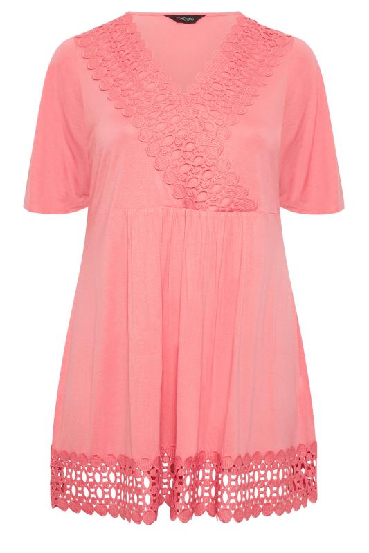 YOURS Plus Size Coral Pink Crochet Trim Peplum Tunic Top | Yours Clothing 6